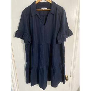 Chico’s tiered midi dress women size 4 navy blue 100% linen ruffle boho peasant